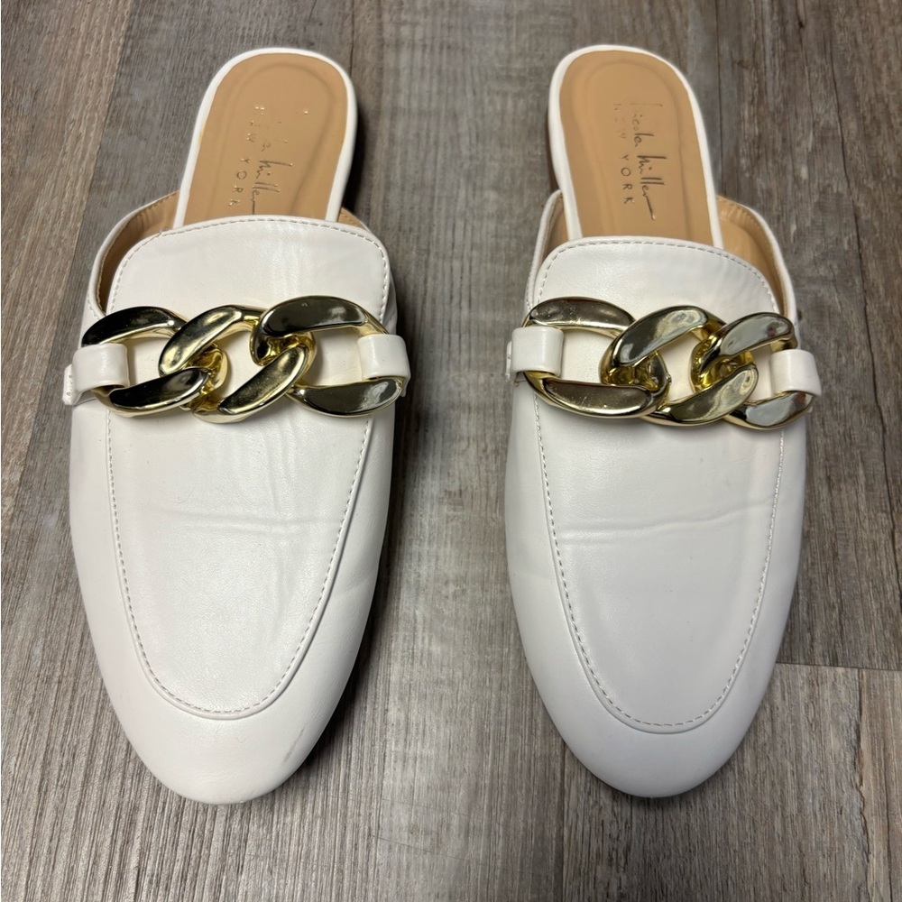 Nicole Miller White Mules with Gold Chain Top Detail - Picture 2 of 6